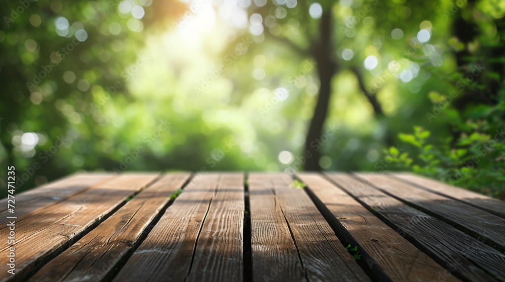 Wooden surface in sharp focus with a blurred, sunlit green garden in the background, wooden table mockup template