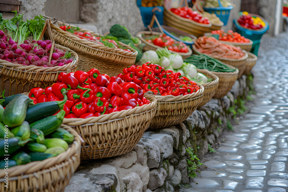 a group of baskets filled with fresh vegetables in the street