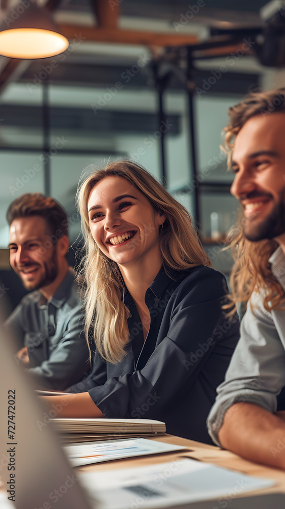 Obraz premium a group of business men and women at work smiling, in the meeting room