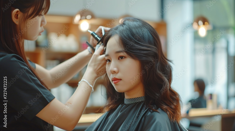 Detail of a hairdresser's hands skillfully styling a client's hair, with a mirror reflecting the salon's ambiance and the client's satisfaction Detail of a hairdresser's hands skillfully styling a client's hair, with a mirror reflecting the salon's ambiance and the client's satisfaction