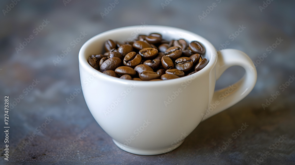 A white cup filled to the top with coffee beans A white cup filled to the top with coffee beans