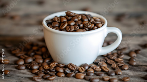 A white cup filled to the top with coffee beans