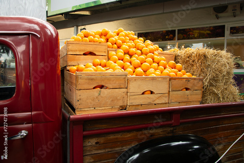 transport of fresh and organic oranges by truck, fruits.