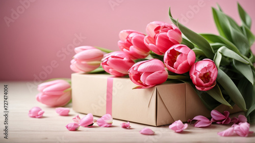 Graceful Pink Tulips and Gift Delight: Photorealistic Floral Arrangement