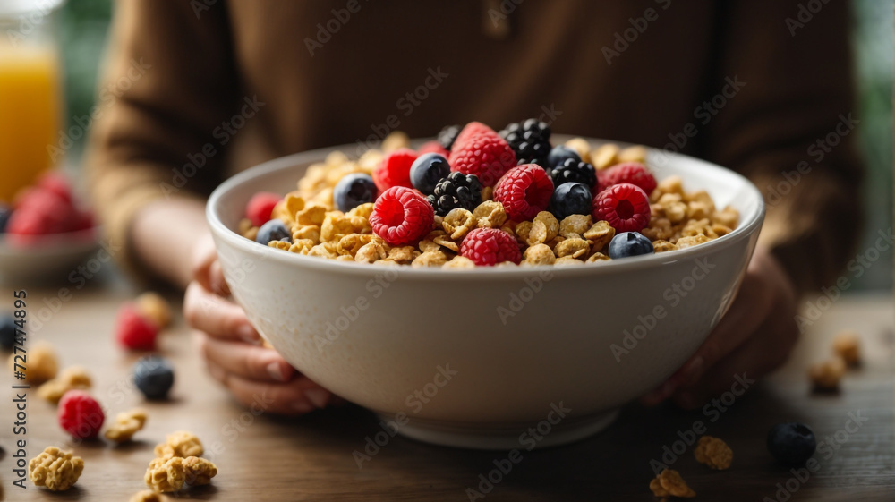 Morning Bliss: A Person Holding a Bowl of Cereal and Berries in Generous Portion
Morning Bliss: A Person Holding a Bowl of Cereal and Berries in Generous Portion