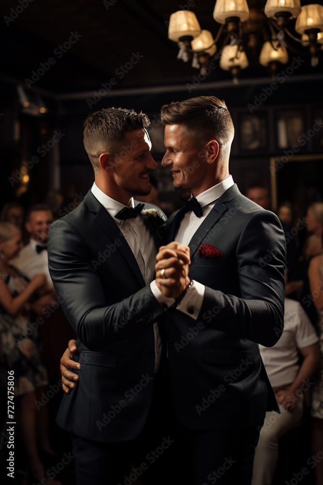 gay wedding style photography of the first dance of the two handsome young male model grooms at their wedding party while guests are watching, highly detailed, ultra realistic photography gay wedding style photography of the first dance of the two handsome young male model grooms at their wedding party while guests are watching, highly detailed, ultra realistic photography