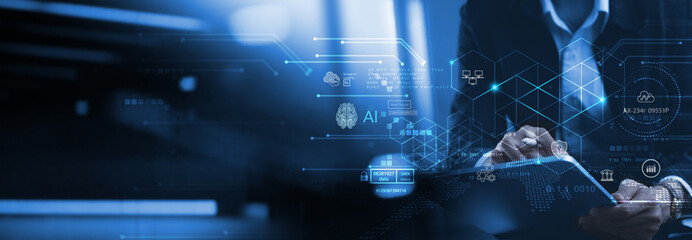 Blockchain technology, data encryption. Businessman using digital tablet with AI blockchain technology and data science, cloud computing, database management, innovative technology background