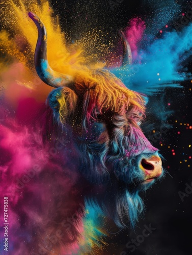 Scottish Highlander cow holipowder color explosion powder black background photo