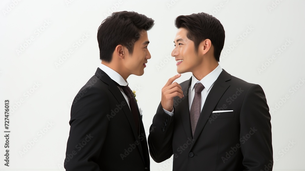 Men in suits whispering, Asian, profile, white background Men in suits whispering, Asian, profile, white background