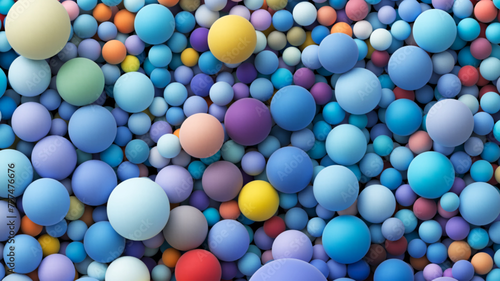 Colorful matte soft balls in blue bright summer tones and different sizes. Background with many colored big and small random spheres. Flat lay with lots of different colored orbs. Vector background