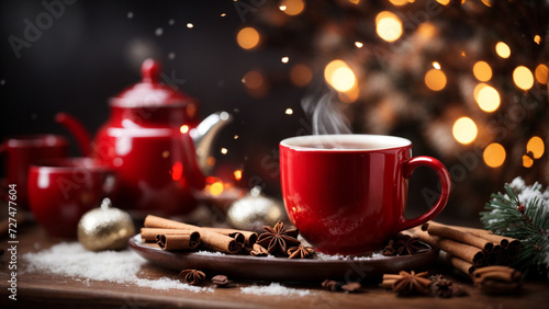  Winter Warmth: Black Tea Infused with Cinnamon in a Red Mug Amidst Wintry Delights