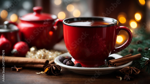 Winter Warmth: Black Tea with Cinnamon in a Red Mug Amidst Winter Decor