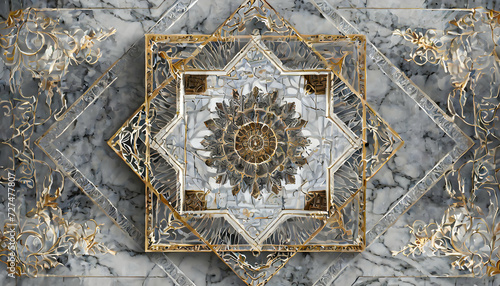 3D wallpaper stretch ceiling design, showcasing an intricate mandala and decorative frame against a refined grey marble background illustration 