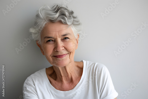 portrait of a senior woman with grey hair smiling 