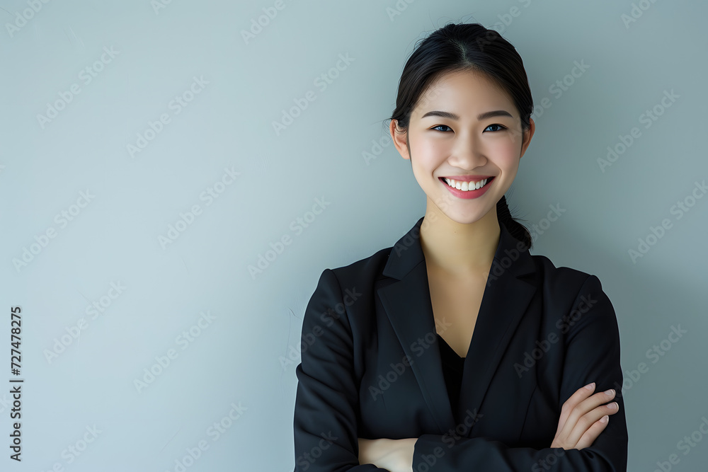 happy smiling female asian business woman with arms crossed against white background happy smiling female asian business woman with arms crossed against white background