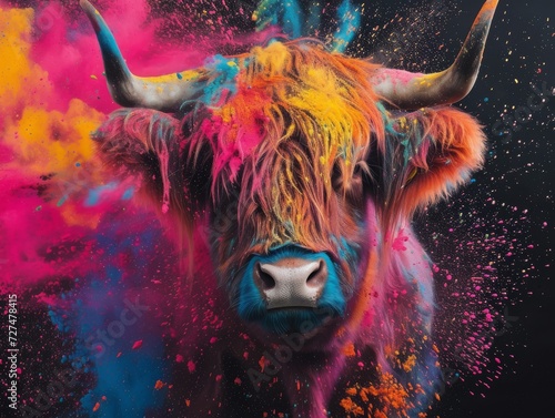 Scottish Highlander cow holipowder color explosion powder black background photo