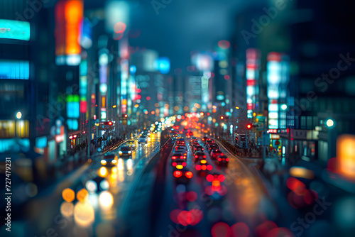 miniature city at night with a blurry view of vehicle