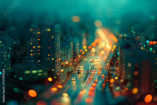 miniature city at night with a blurry view of vehicle photo