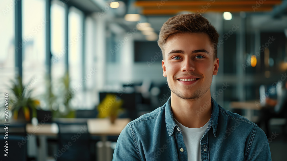 Obraz premium young handsome man with blue eyes on the background of a modern IT office, worker, programmer, professional, designer, guy, boy, portrait, smile, space for text, coworking, open space, people, person