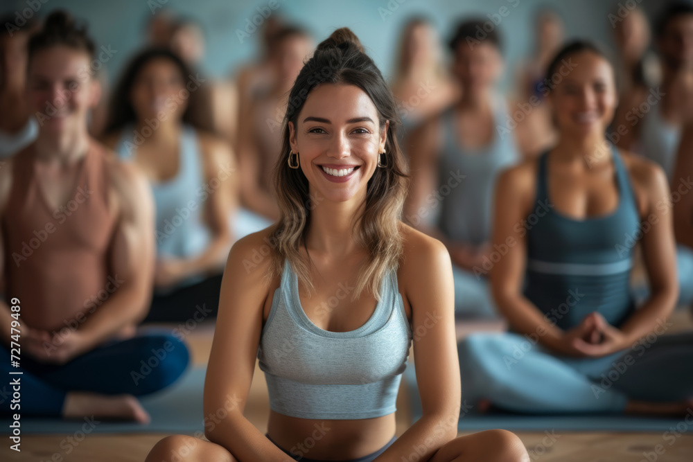 A woman sits in a lotus position in front of a group of people - obrazy, fototapety, plakaty 