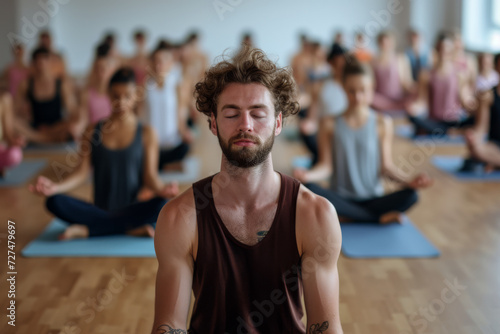 A man with a tattoo on his chest sits in a lotus position with his eyes closed