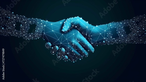 Blockchain technology agreement handshake business concept low poly. Polygonal point line geometric design. Hands chain link internet hyperlink connection blue vector illustration