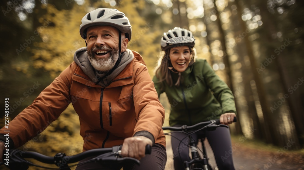 Happy couple riding bicycles in nature Happy couple riding bicycles in nature
