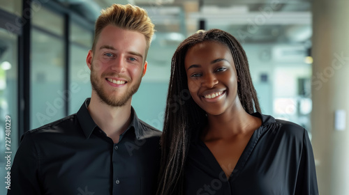 blue-eyed smiling young european white man and African American woman, colleagues against the background of a modern IT company office, business people, manager, professional, working, entrepreneur