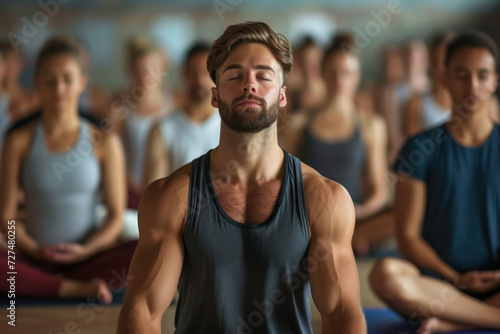 A man is meditating in front of a group of people