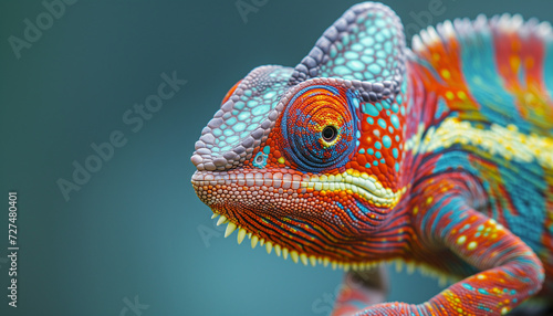 a panther chameleon in extreme close-up, highlighting its remarkably vivid, multicolored scales and its distinctive, swiveling eye