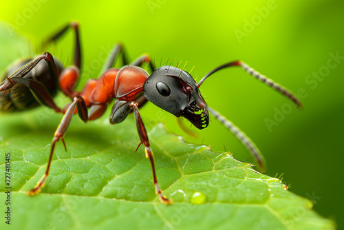 A red and black ant is captured in stunning detail and sharp focus as it navigates a green leaf