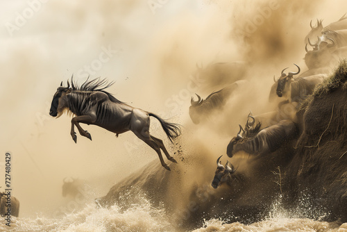  A dramatic scene of the great wildebeest migration, with a lone animal leaping across a turbulent river while the rest of the herd follows through a cloud of dust and splashing water photo