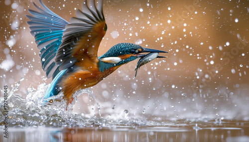 A kingfisher in mid-flight emerges from the water with a fish in its beak, surrounded by a dynamic spray of water droplets, capturing the essence of nature's precision and speed photo