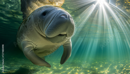 A manatee gently floats under the water's surface, bathed in sunlight filtering through the ocean
