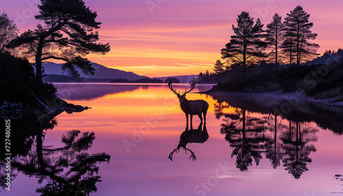 A solitary deer stands at the edge of a tranquil lake  mirrored perfectly in the water under a breathtaking sunset sky with vibrant purple and orange hues