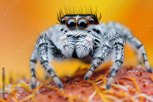 A macro photograph showcases a jumping spider with striking orange-rimmed eyes and a fluffy white body, set against a vibrant orange background
