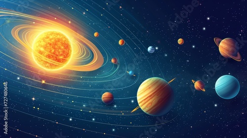 Colorful solar system with nine planets which orbit sun. Galaxy discovery and exploration. Realistic planetary system with satellites in deep space vector illustration. Astronomy science banner photo