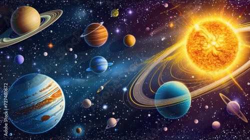 Colorful solar system with nine planets which orbit sun. Galaxy discovery and exploration. Realistic planetary system with satellites in deep space vector illustration. Astronomy science banner