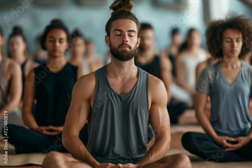 A group of people sit in a lotus position with their eyes closed