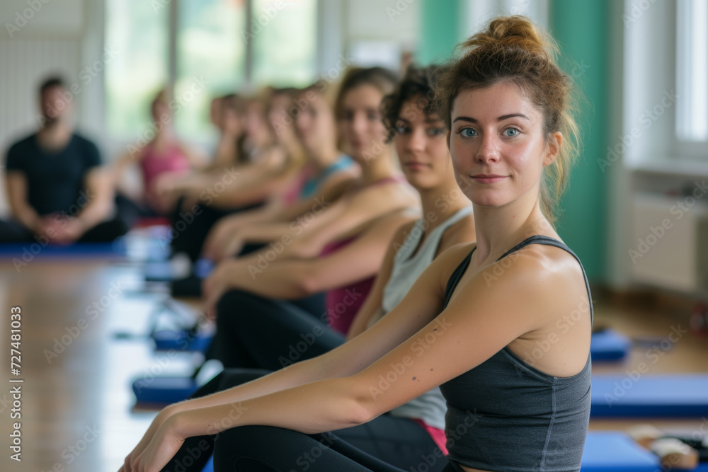 A group of women are sitting on yoga mats in a gym