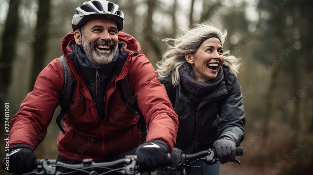 Happy couple riding bicycles in nature Happy couple riding bicycles in nature