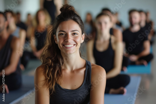 A woman is smiling in front of a group of people sitting on yoga mats