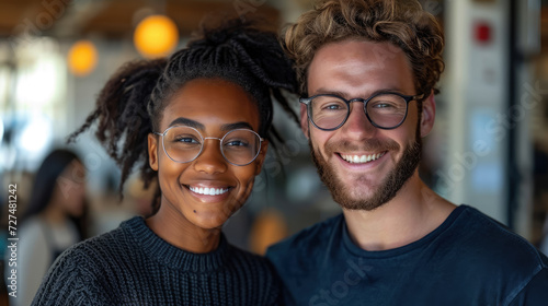 blue-eyed smiling young european white man and African American woman, colleagues against the background of a modern IT company office, business people, manager, professional, working,  entrepreneur photo