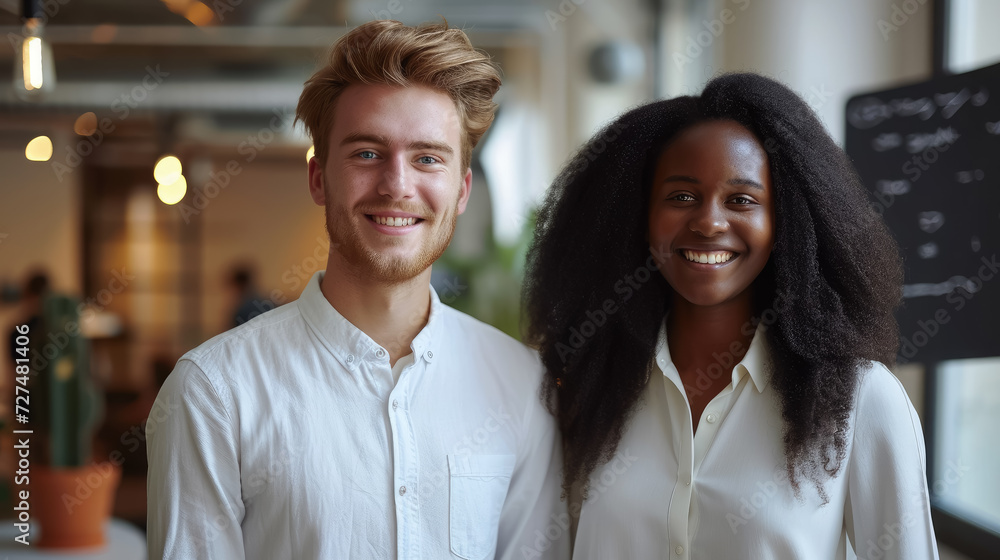 blue-eyed smiling young european white man and African American woman, colleagues against the background of a modern IT company office, business people, manager, professional, working, entrepreneur blue-eyed smiling young european white man and African American woman, colleagues against the background of a modern IT company office, business people, manager, professional, working, entrepreneur