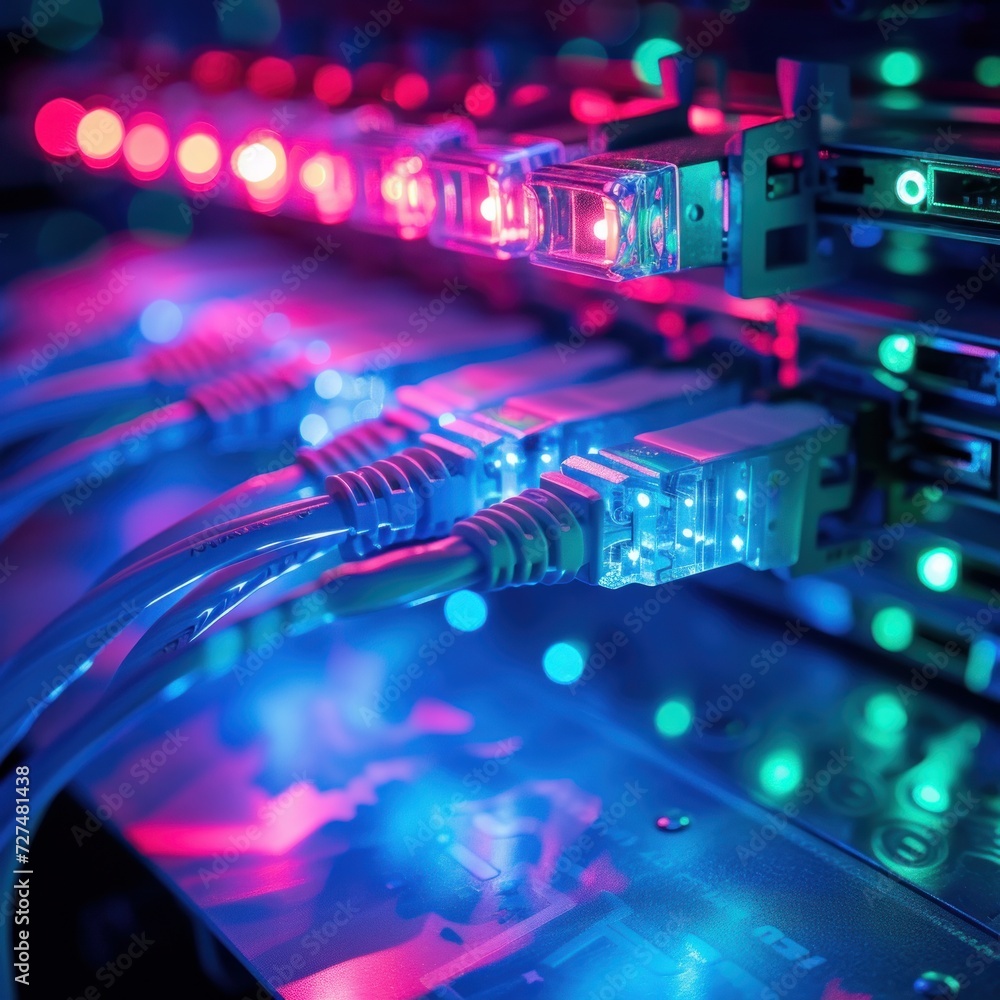 Fiber Optical cables connected to an optic ports and Network cables ...