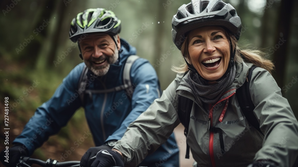Happy couple riding bicycles in nature Happy couple riding bicycles in nature