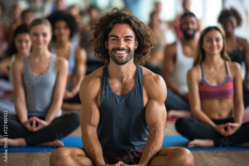 A man sits in front of a group of people doing yoga