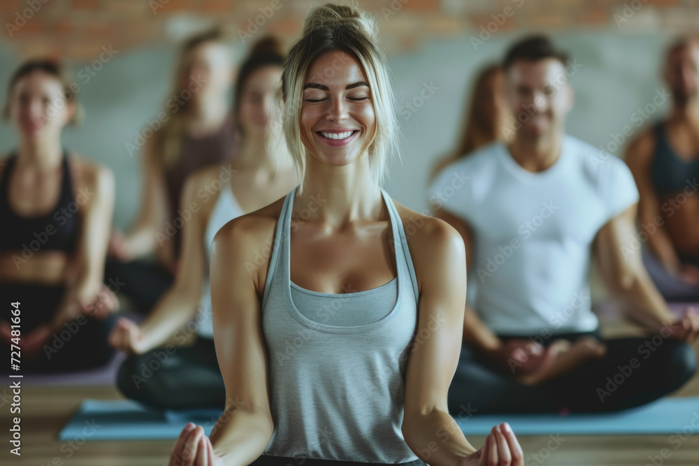 A woman sits in a lotus position with her eyes closed - obrazy, fototapety, plakaty 