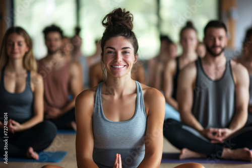 A woman sits in a lotus position in front of a group of people
