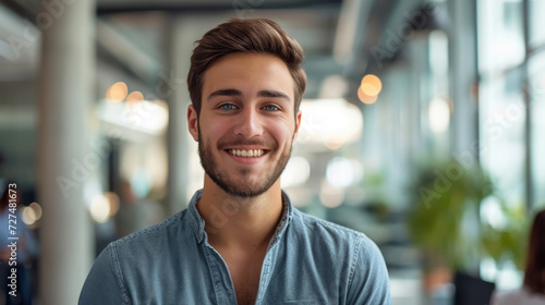 young handsome man with blue eyes on the background of a modern IT office, worker, programmer, professional, designer, guy, boy, portrait, smile, space for text, coworking, open space, people, person © Julia Zarubina